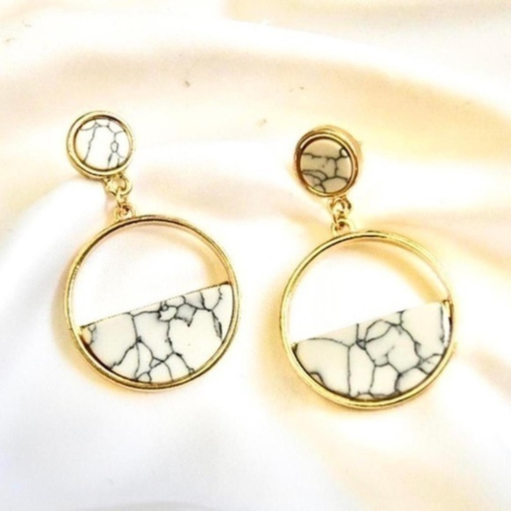 Marble Stone Earrings – Gold Hardware with Rounded Faux Marble, Elegant